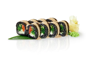 Black rice rolls with cream cheese, salmon, hiyashi wakame, cucumber and peanut sauce