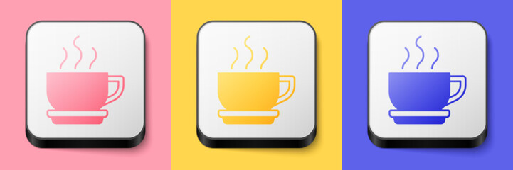 Isometric Coffee cup icon isolated on pink, yellow and blue background. Tea cup. Hot drink coffee. Square button. Vector