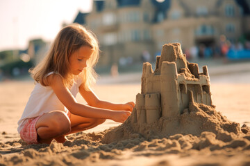 Young girl building a sandcastle on the beach, enjoying summer beach vacation. Generative AI
