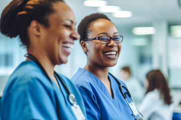 Candid shot of two nurses laughing and talking in a hospital, showcasing positivity and collegiality. Generative AI - obrazy, fototapety, plakaty