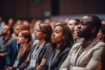 Obraz premium Diverse engaged conference attendees attentively listening to captivating speaker. Generative AI