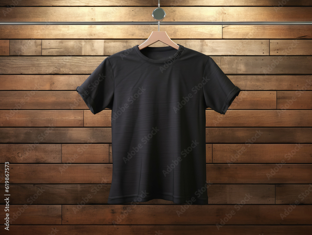 Wall mural Black blank t-shirt hanging on a coat hanger against a wooden wall background, mockup. Generative AI - Wall murals