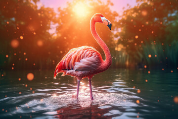 Beautiful collage image picture generated by ai of pink big lonely bird flamingo in water pond search foods morning evening twilight