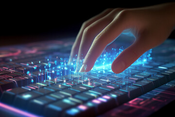 Generated ai collage template of programmer fingers typing code using innovative keyboard open holographic app