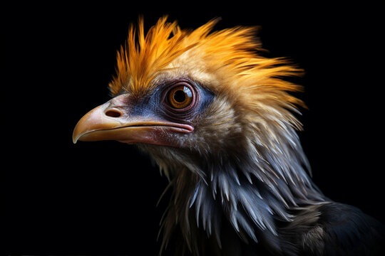 Generative ai photo of beautiful yellow head bird looking predator search for food prey on black color background