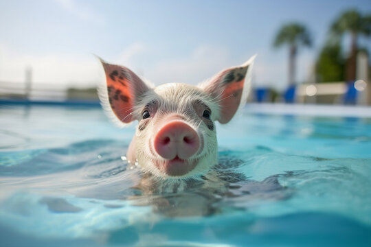 Realistic collage generated by ai image of pet pig cute little animal swimming in spa resort pool relax