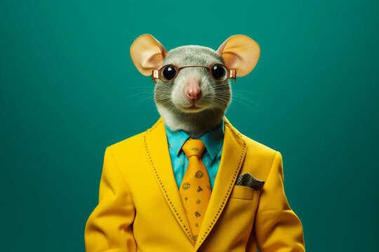 Creative artwork generative ai collage of elegant fashionable manager in yellow tux tuxedo with mouse head