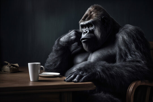 Creative image picture collage of lonely anthropomorphic gorilla sitting in dark interior cafe have tea coffee cup