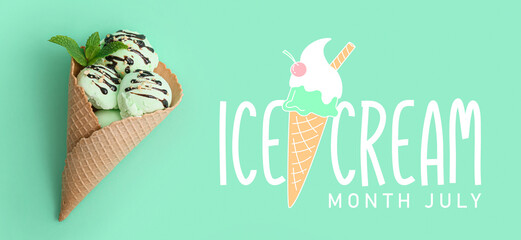 Banner for Ice Cream Month on turquoise background