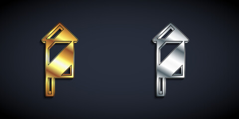 Gold and silver Firework rocket icon isolated on black background. Concept of fun party. Explosive pyrotechnic symbol. Long shadow style. Vector