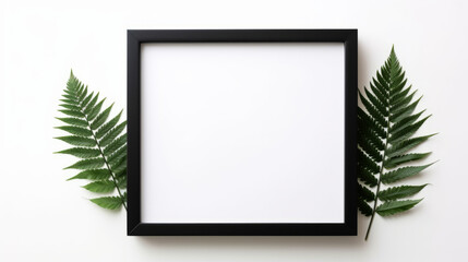 Black picture frame and green plant leaves isolated on a white blank background