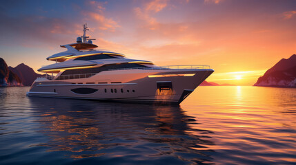 Luxury motor yacht with sunrise over the ocean - obrazy, fototapety, plakaty