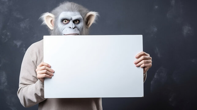 People disguised in troll holding an empty blank board between hands