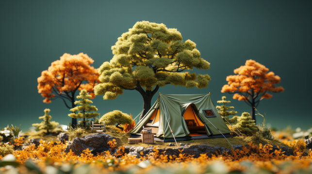 Tent in a field next to some beautiful small tree , Three-dimensional illustration with isometric view