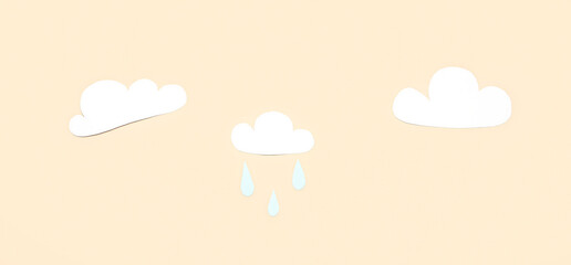 Paper clouds with rain drops on beige background. Weather forecast concept