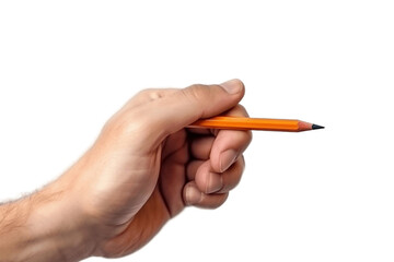 Right hand holding a colored pencil on transparent background with copy space. AI