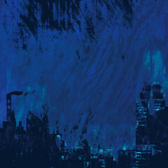 Prussian blue color painting. Abstract art background with deep blue stain texture. Dark night of urban scene. Gloomy capital city. Polluted toxic downtown.