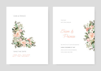 Watercolor wedding invitation template with arrangement flower and leaves