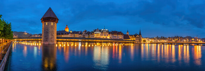 Lucerne (Luzern) Switzerland, night panorama city skyline at Chapel Bridge and Reuss River