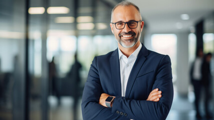 Fototapeta premium Happy middle aged business man standing in office arms crossed wearing a suit and shirt