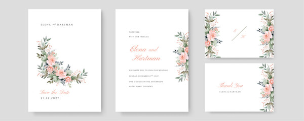 Watercolor wedding invitation template with arrangement flower and leaves