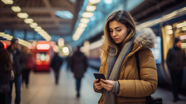 A Young woman standing on the platform of a train station consulting the mobile phone