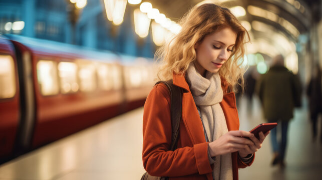 A Young woman standing on the platform of a train station consulting the mobile phone