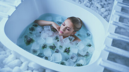Woman taking a bath of ice in a bathtub filled with ice cubes