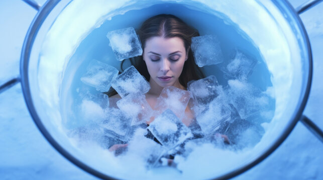 Woman taking a bath of ice in a bathtub filled with ice cubes