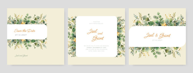 Fototapeta na wymiar Wedding floral golden invitation card save the date design with green tropical leaf