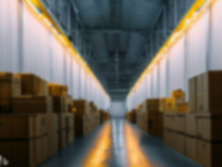 Blurred  A warehouse where the goods are packed in a large number of brown cardboard boxes.