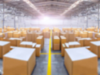 Blurred  A warehouse where the goods are packed in a large number of brown cardboard boxes.
