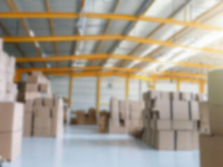 Blurred  A warehouse where the goods are packed in a large number of brown cardboard boxes.