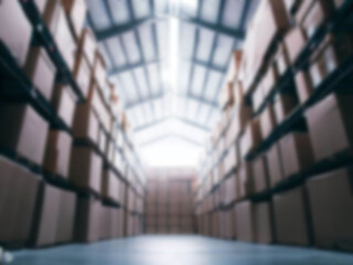 Blurred  A warehouse where the goods are packed in a large number of brown cardboard boxes.