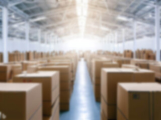 Blurred  A warehouse where the goods are packed in a large number of brown cardboard boxes.