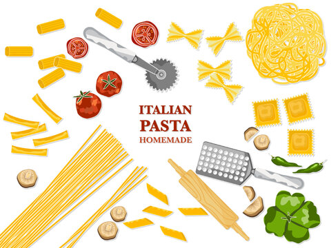 Homemade Italian Pasta Ingredients Spaghetti, ravioli, and vegetable background, food design template. white background vector illustration.