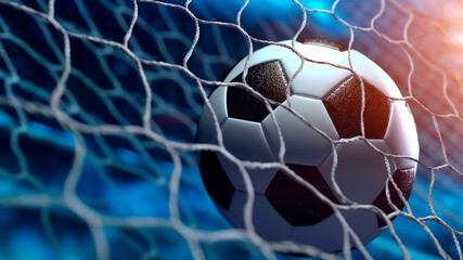 The soccer ball zooms into the rival net, triumphant goal. Generative AI - obrazy, fototapety, plakaty