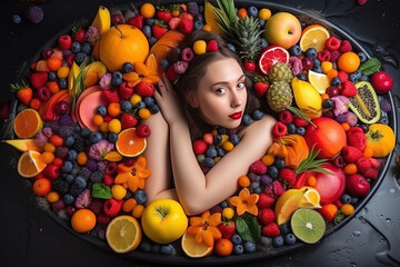 Fototapeta na wymiar young attractive woman laying in a bath tub full of various coloured fruits. Generative AI