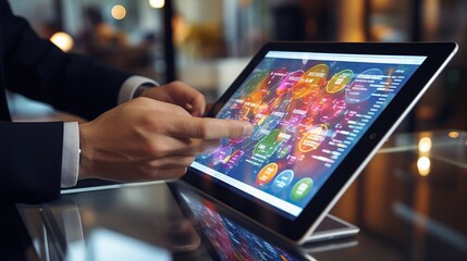 Business hand working with new modern Digital tablet computer Generative AI