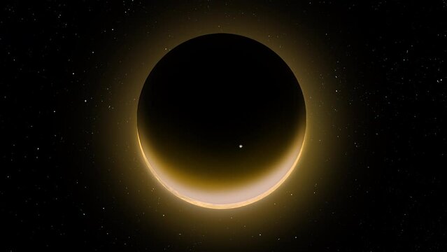 Close-up of a total eclipse of the yellow moon against the background of a starry night sky with flying meteors. Video animation 4k 60 fps.