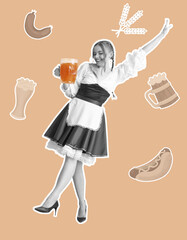 Beautiful Octoberfest waitress with beer dancing against beige background