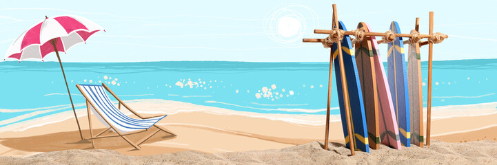 Banner with different surfboards, sun lounger and umbrella on drawn sea beach