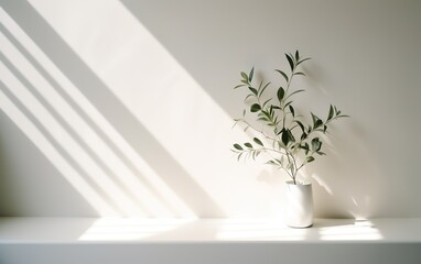 White shelf illuminated by sunlight with green plant leaves in white ceramic vase on blurred wall, sunlight and long shadow. Light background for cosmetic, skincare, beauty product presentation.