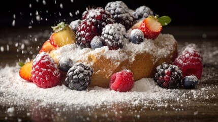 pasticciotto beautifully arranged with fresh berries and a dusting of powdered sugar on a rustic table