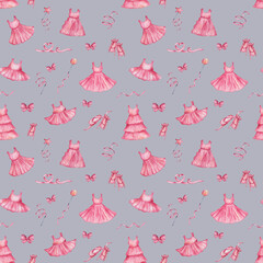 Watercolor seamless pattern. Hand painted illustration of pink dress, sleevless t-shirt, flared skirt, ballerina's toe shoes. Woman's clothes. Girl's wardrobe. Print on grey background for textile © Olga Sidelnikova