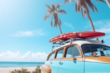 Vintage car parked by the beach with surfboard on the roof rack. Vacation concept. Copy space. By Generative AI.