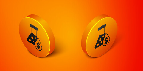 Isometric Oil petrol test tube icon isolated on orange background. Cmemistry flask and falling drop. Orange circle button. Vector