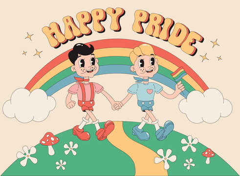 Two boys walking and holding hands with lgbt rainbow flag against violence, discrimination, human rights violation. Happy pride lettering. Equality and self-affirmation. Groove cartoon retro style. 