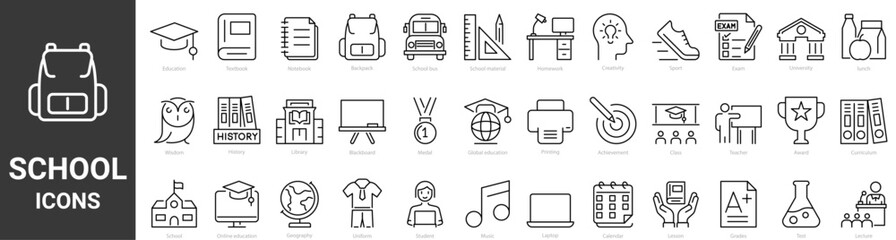 Set of 36 line icons Back to school. Education and e learning. School, university, success, academic, textbook. Vector illustration. Outline icon. Editable stroke.