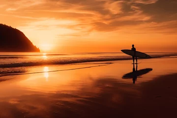 Tuinposter Photo surfer watching the sea holding surfboard in silhouette style. sunset and sunrise of the sea beach photography © yuniazizah